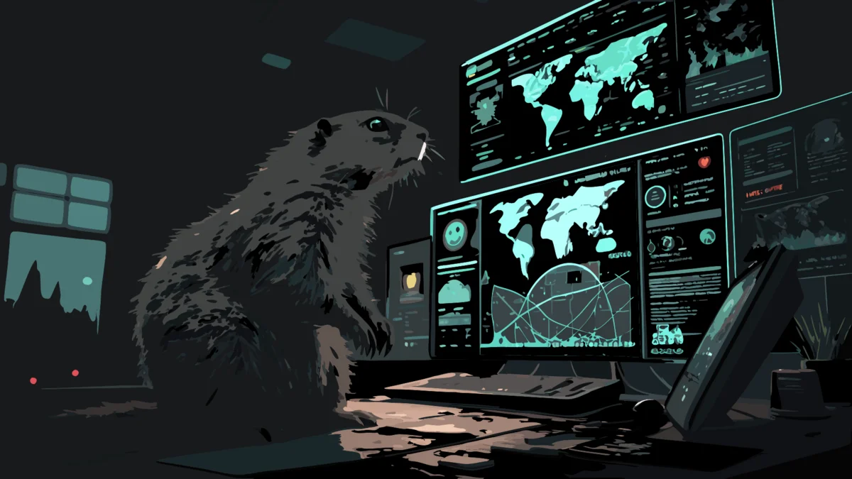 Une marmotte surveille des écrans de cybersécurité